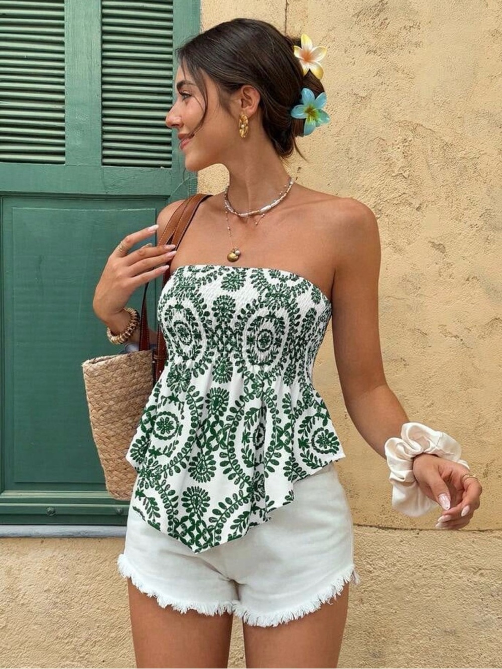 SHEIN Green & White Strapless Smocked Peplum Top